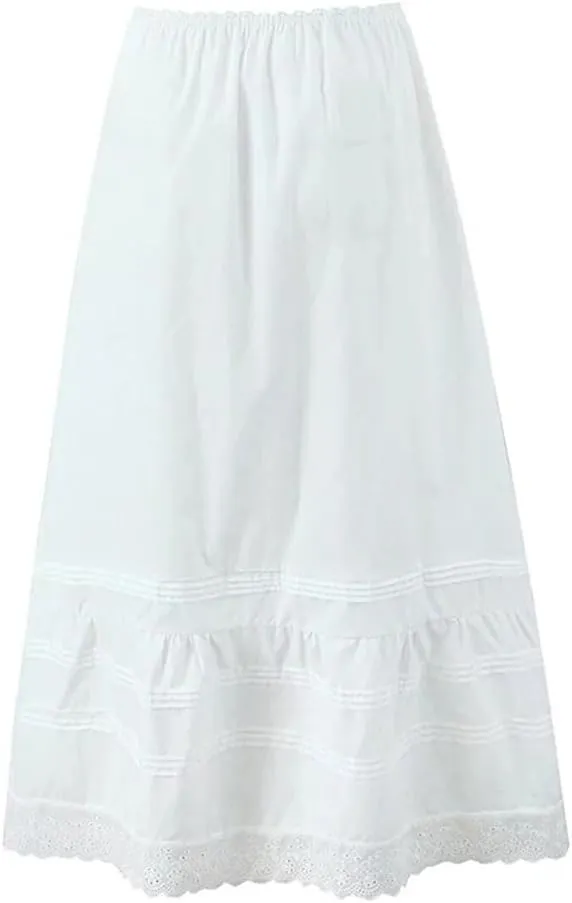 Women Lace Patchwork Folds Midi Skirt Vintage Elastic High Waist Holiday Skirts