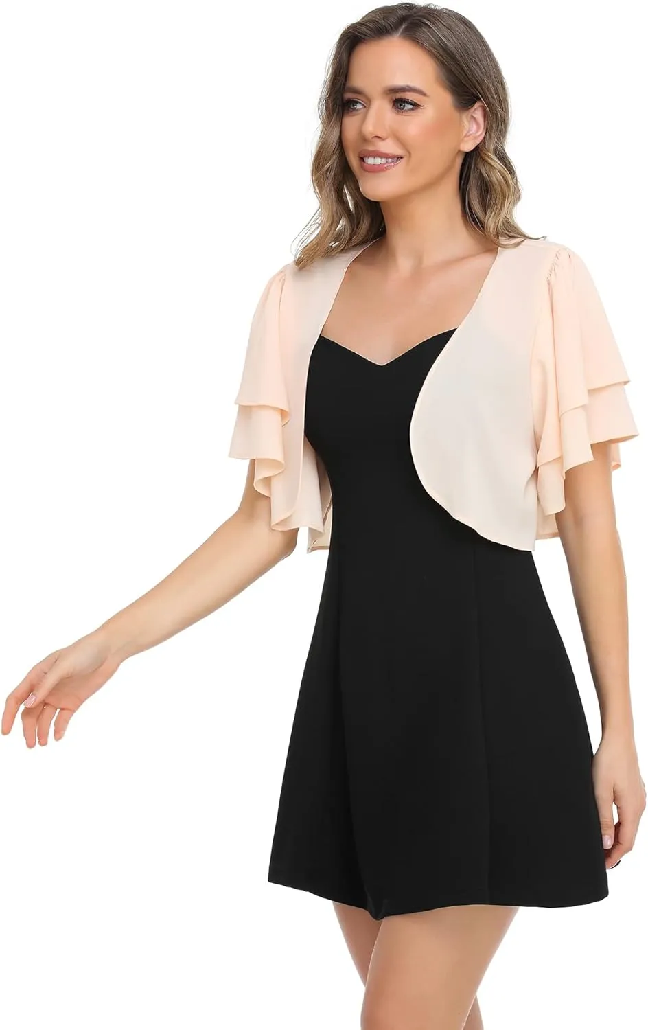 Women Short Sleeve Shrug Cropped Bolero Open Front Chiffon Cardigan for Evening Dress