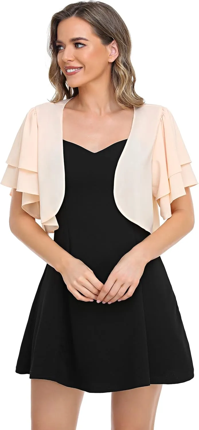 Women Short Sleeve Shrug Cropped Bolero Open Front Chiffon Cardigan for Evening Dress