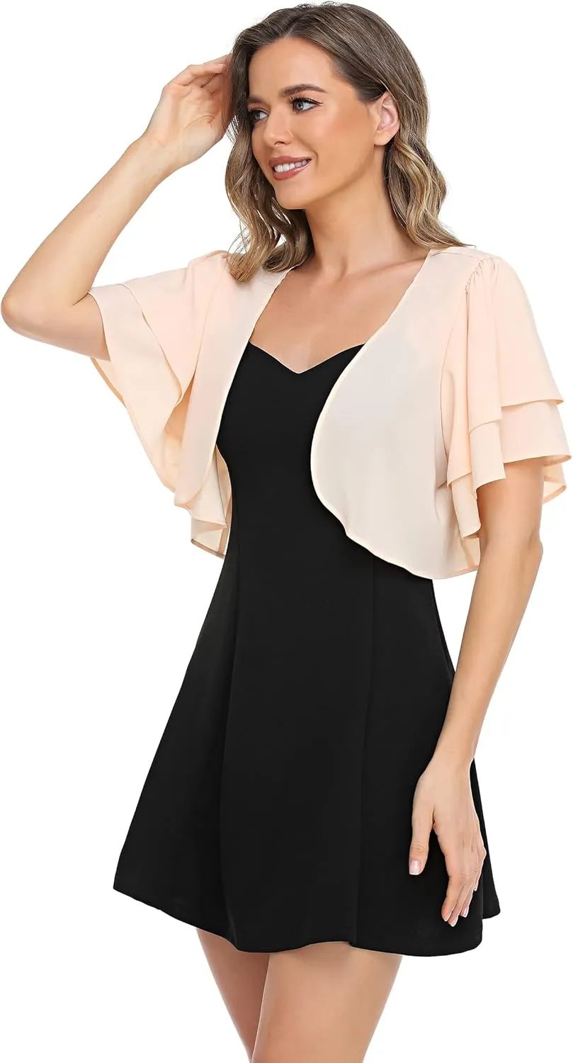 Women Short Sleeve Shrug Cropped Bolero Open Front Chiffon Cardigan for Evening Dress