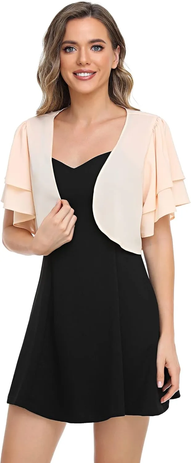 Women Short Sleeve Shrug Cropped Bolero Open Front Chiffon Cardigan for Evening Dress