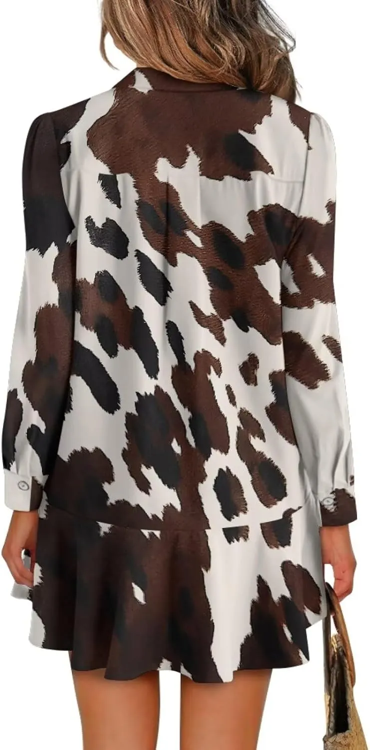 Womens Dresses with Pockets Hide Belly Flowy Mini Dress Long Sleeve V Neck Ruffle Hem A-Line Short Dress S-2XL