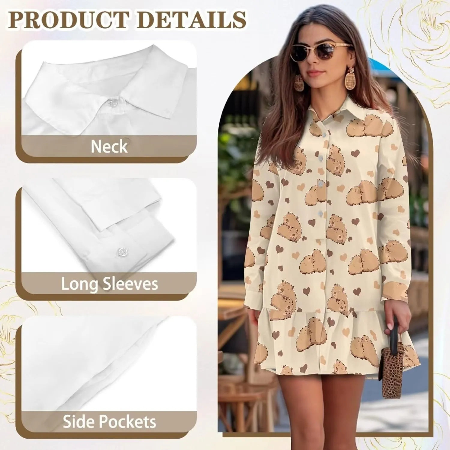 Womens Dresses with Pockets Hide Belly Flowy Mini Dress Long Sleeve V Neck Ruffle Hem A-Line Short Dress S-2XL