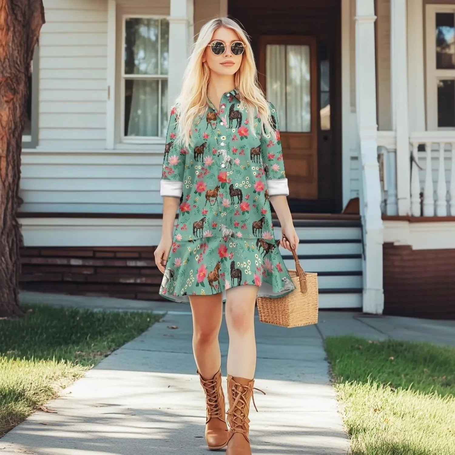 Womens Dresses with Pockets Hide Belly Flowy Mini Dress Long Sleeve V Neck Ruffle Hem A-Line Short Dress S-2XL