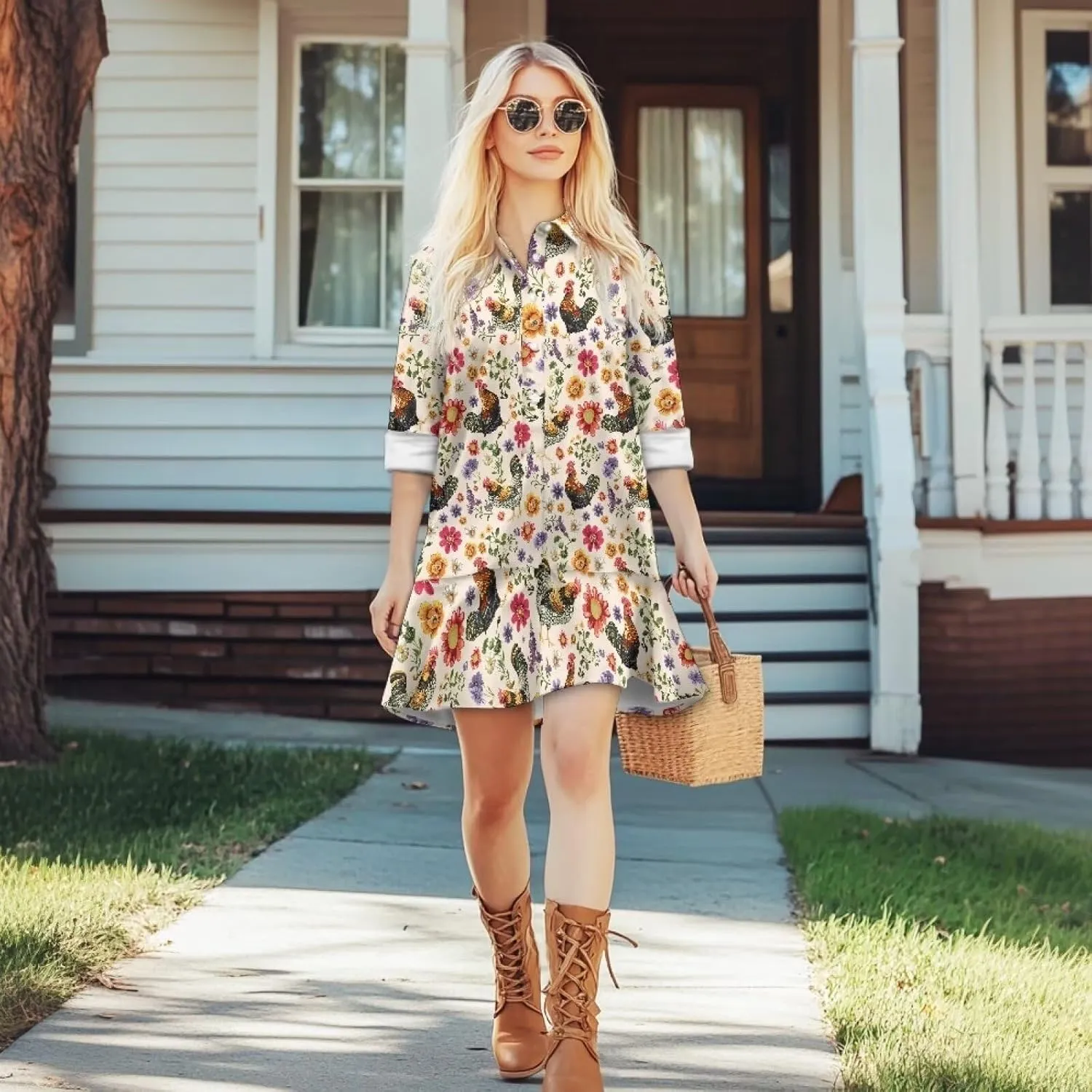 Womens Dresses with Pockets Hide Belly Flowy Mini Dress Long Sleeve V Neck Ruffle Hem A-Line Short Dress S-2XL
