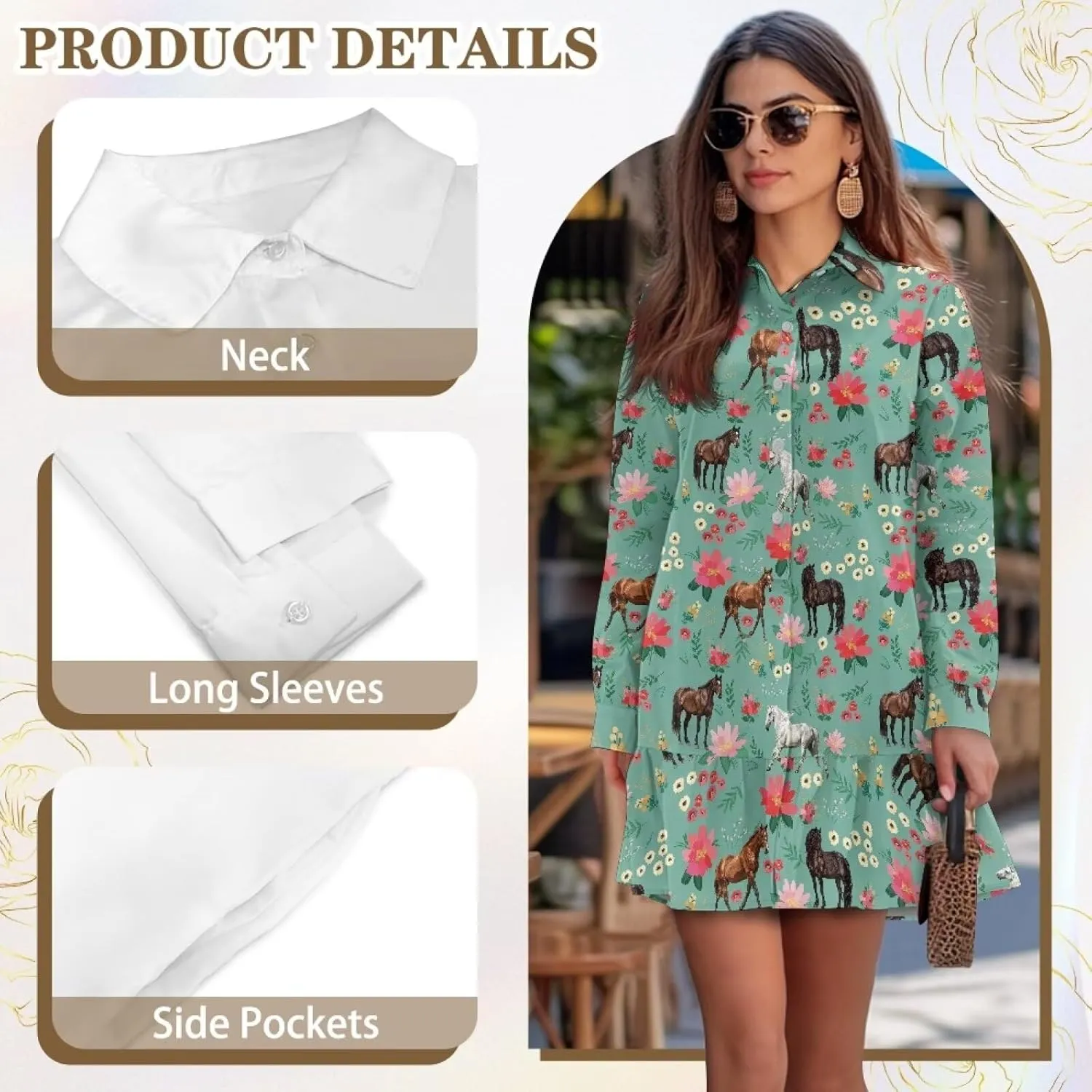 Womens Dresses with Pockets Hide Belly Flowy Mini Dress Long Sleeve V Neck Ruffle Hem A-Line Short Dress S-2XL