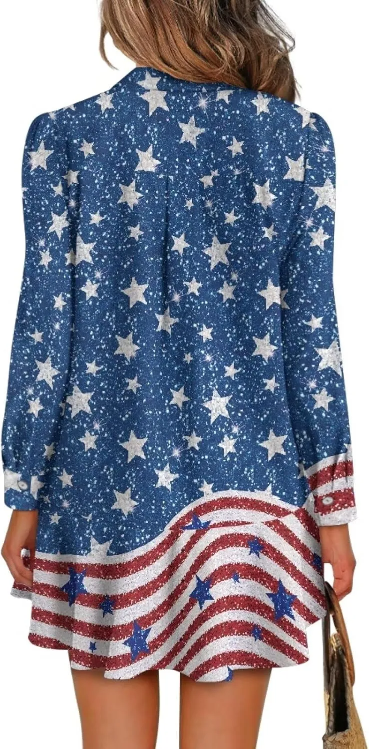 Womens Dresses with Pockets Hide Belly Flowy Mini Dress Long Sleeve V Neck Ruffle Hem A-Line Short Dress S-2XL