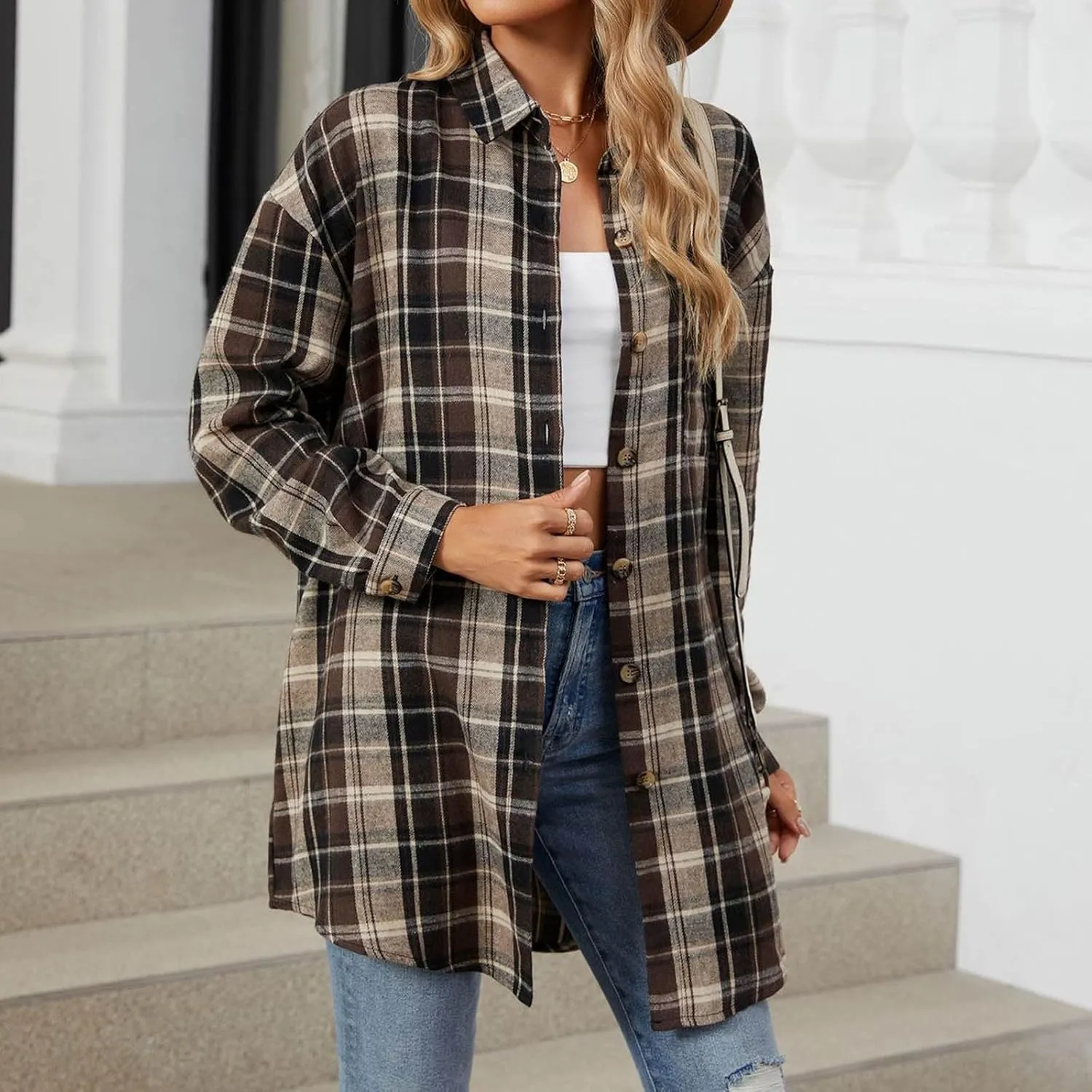 Womens Fashion Plaid Shacket Button Down Long Sleeve Shirts Casual Loose Fit Jacket Womens Tops Spring Fall Outfits