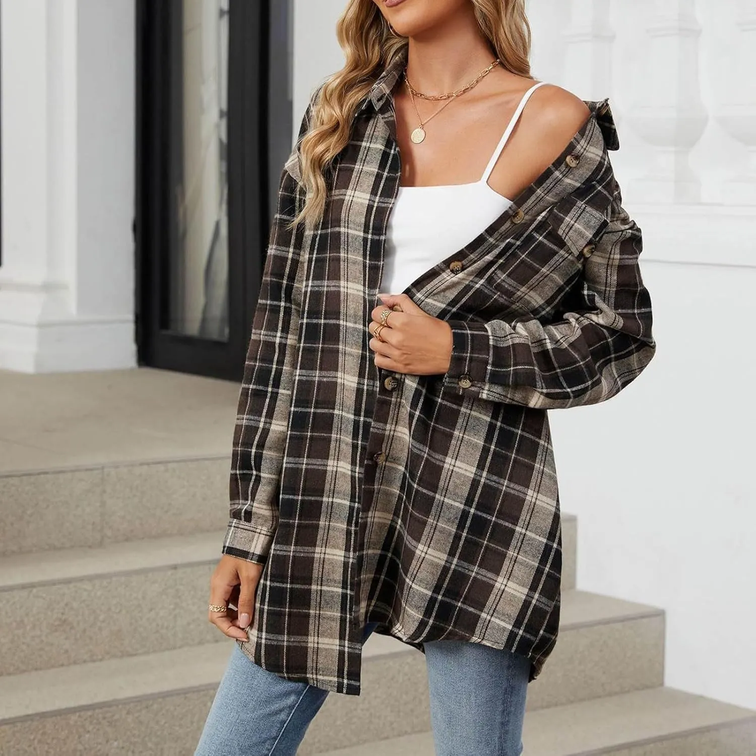 Womens Fashion Plaid Shacket Button Down Long Sleeve Shirts Casual Loose Fit Jacket Womens Tops Spring Fall Outfits