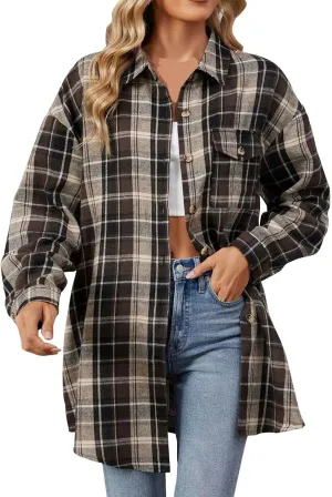 Womens Fashion Plaid Shacket Button Down Long Sleeve Shirts Casual Loose Fit Jacket Womens Tops Spring Fall Outfits