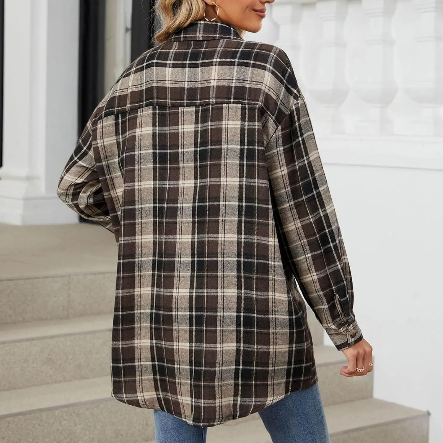 Womens Fashion Plaid Shacket Button Down Long Sleeve Shirts Casual Loose Fit Jacket Womens Tops Spring Fall Outfits