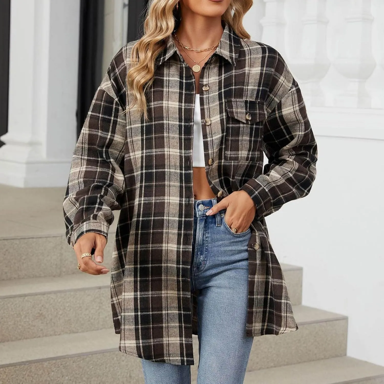 Womens Fashion Plaid Shacket Button Down Long Sleeve Shirts Casual Loose Fit Jacket Womens Tops Spring Fall Outfits