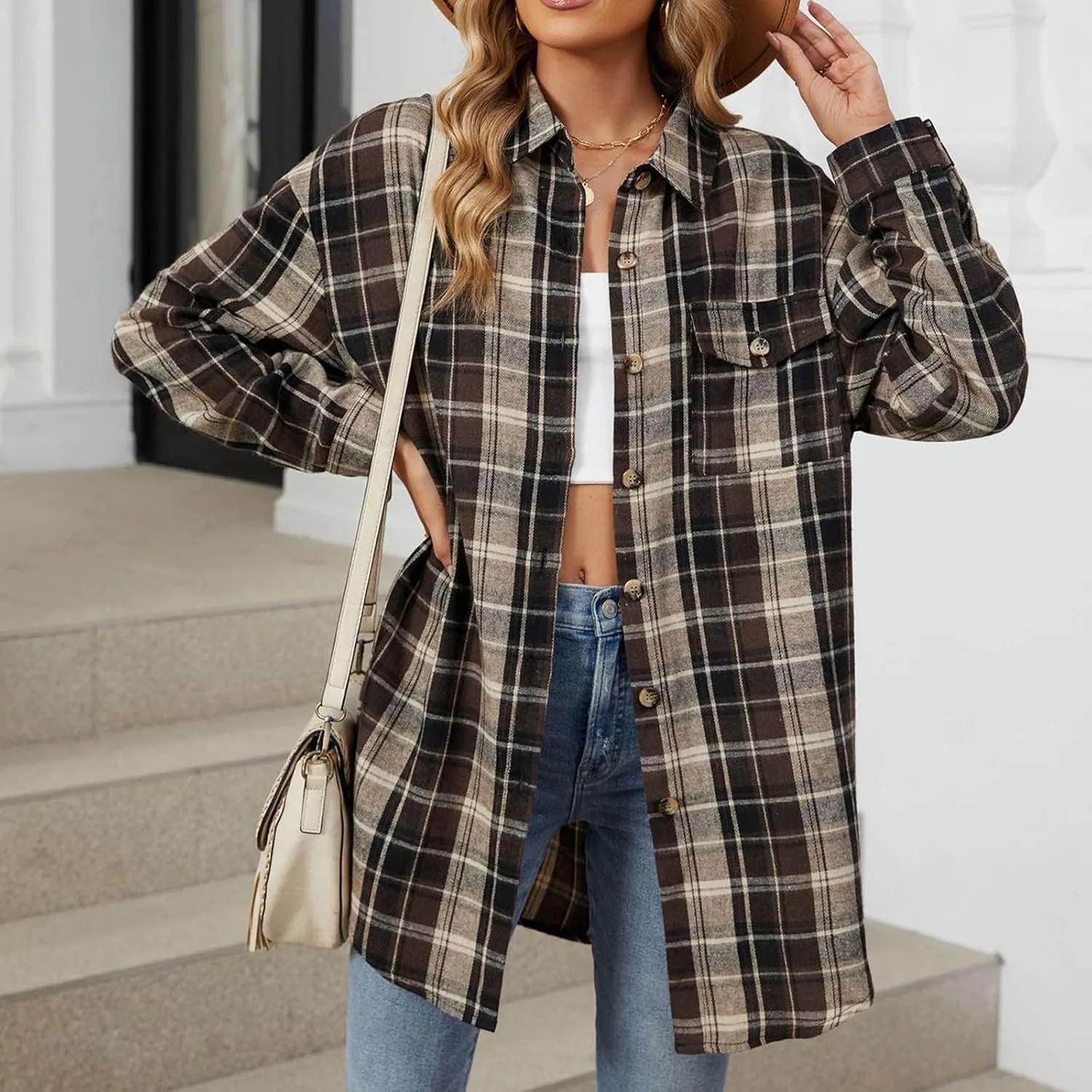 Womens Fashion Plaid Shacket Button Down Long Sleeve Shirts Casual Loose Fit Jacket Womens Tops Spring Fall Outfits