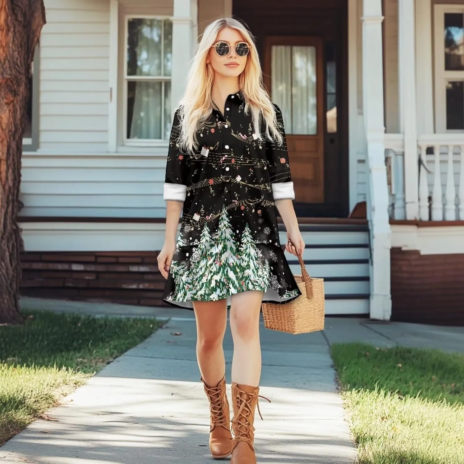 Women's V Neck A-Line Dress Long Sleeve Ruffled Short Dress Casual Knit Mini Dresses Women Y2K Flowy Dress S-XXL