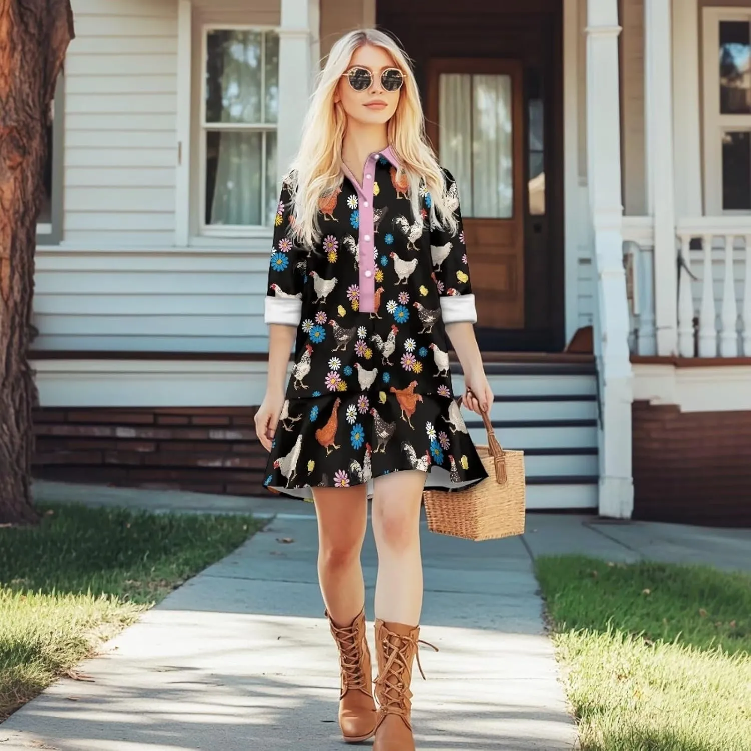 Women's V Neck A-Line Dress Long Sleeve Ruffled Short Dress Casual Knit Mini Dresses Women Y2K Flowy Dress S-XXL