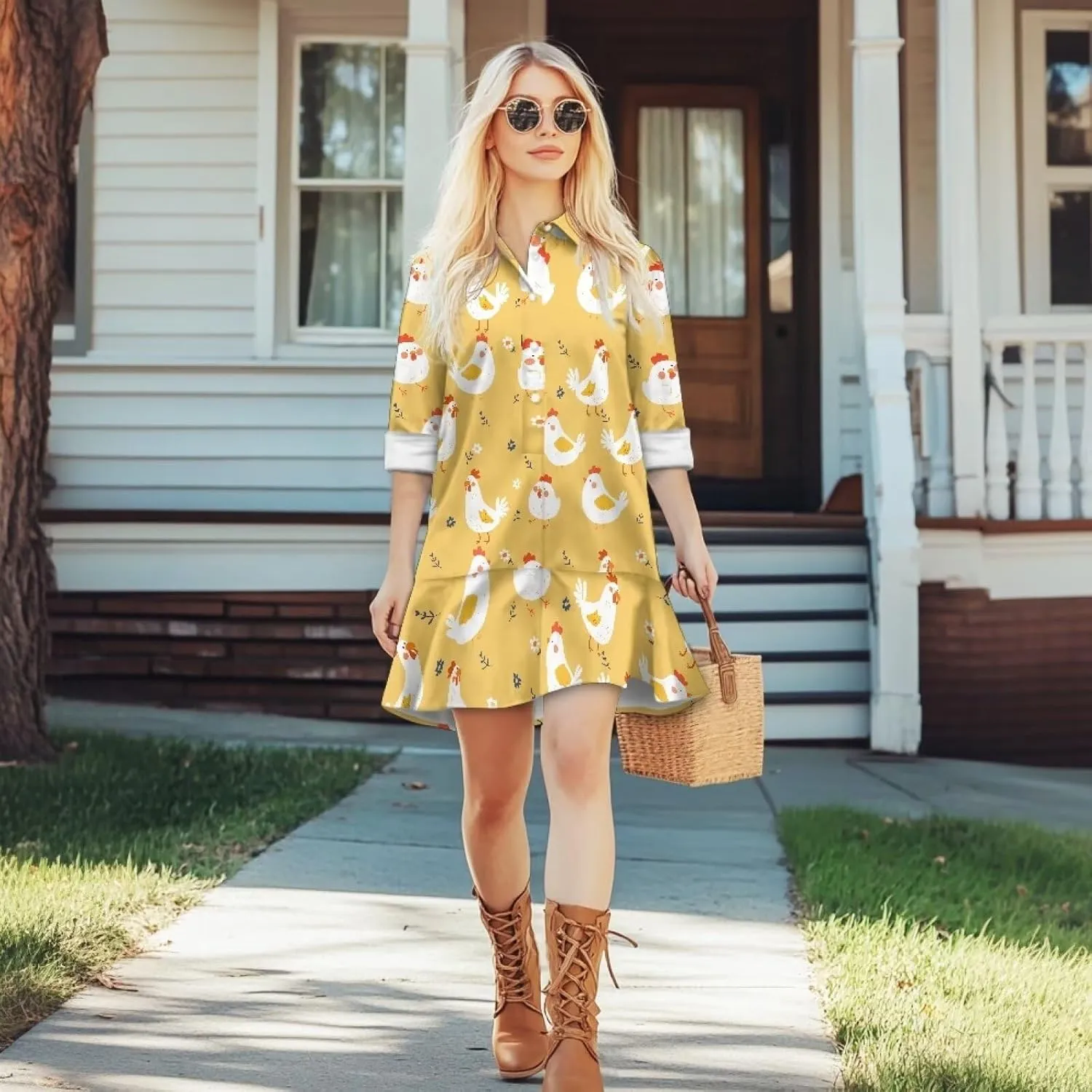 Women's V Neck A-Line Dress Long Sleeve Ruffled Short Dress Casual Knit Mini Dresses Women Y2K Flowy Dress S-XXL