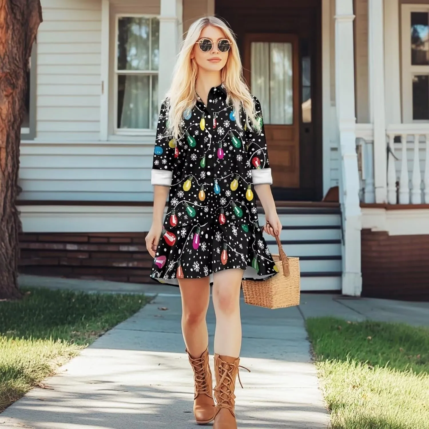 Women's V Neck A-Line Dress Long Sleeve Ruffled Short Dress Casual Knit Mini Dresses Women Y2K Flowy Dress S-XXL