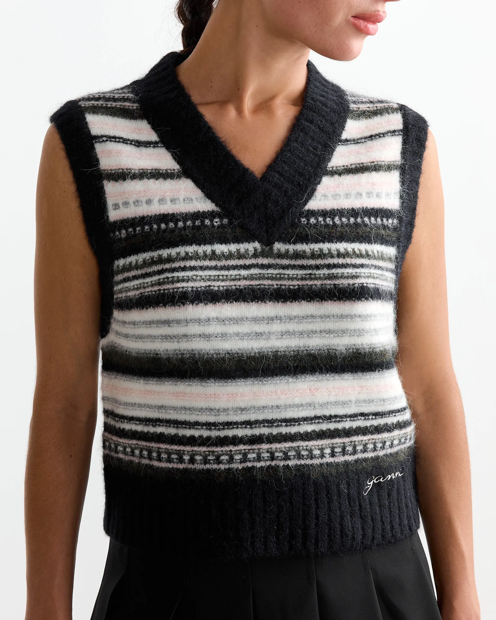 Wool Stripe Vest in Black