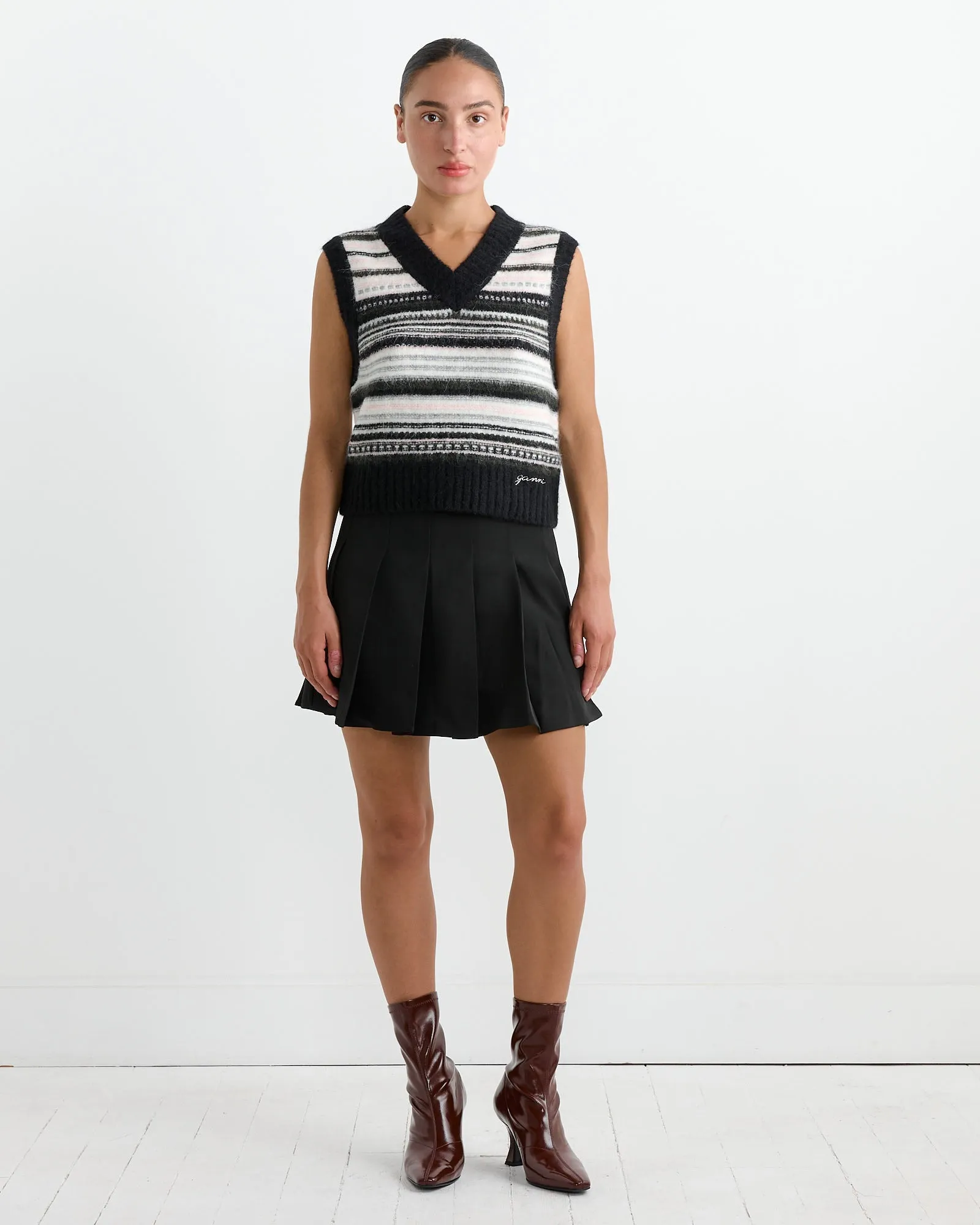 Wool Stripe Vest in Black