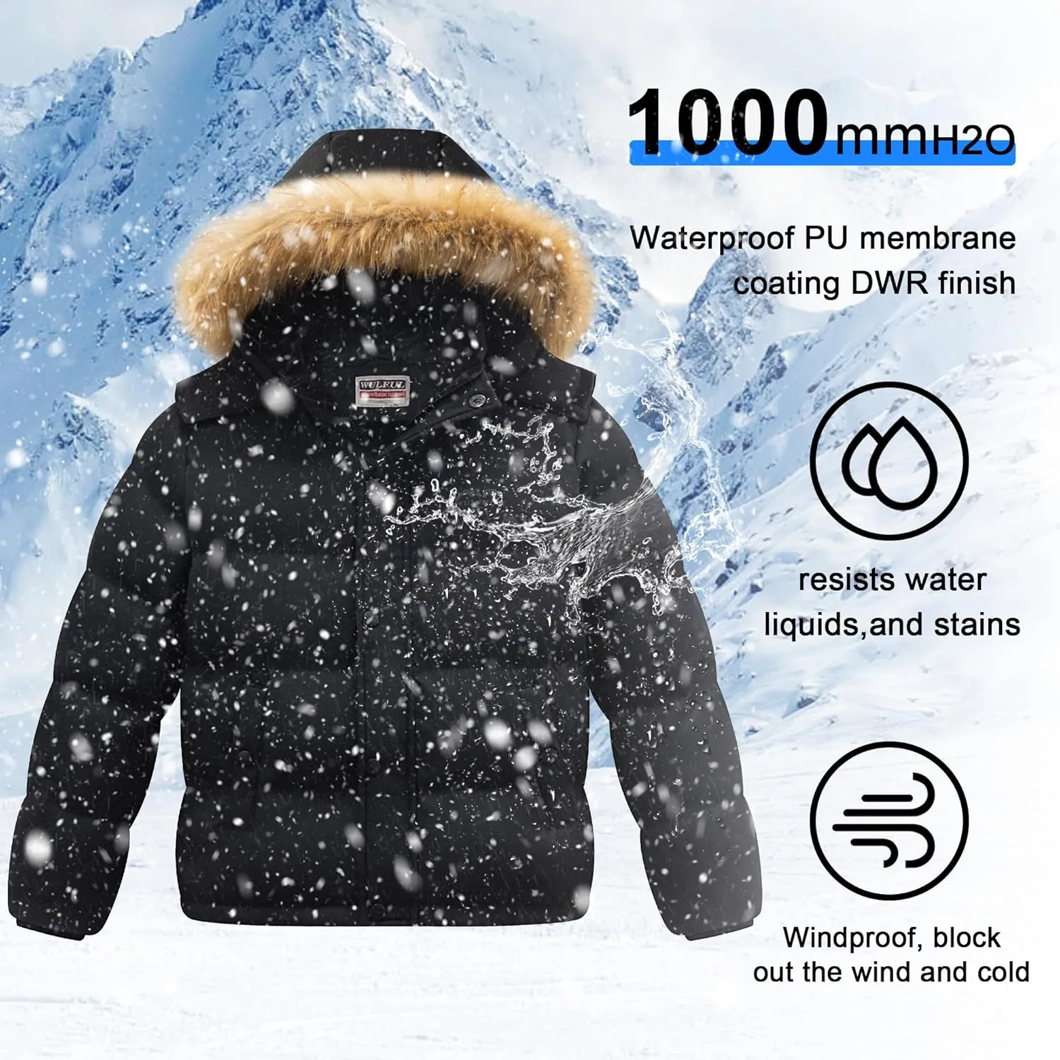 WULFUL Boy's Winter Coats Waterproof Fleece Lined Puffer Jackets Kids Thicken Outerwear With Detachable Hood
