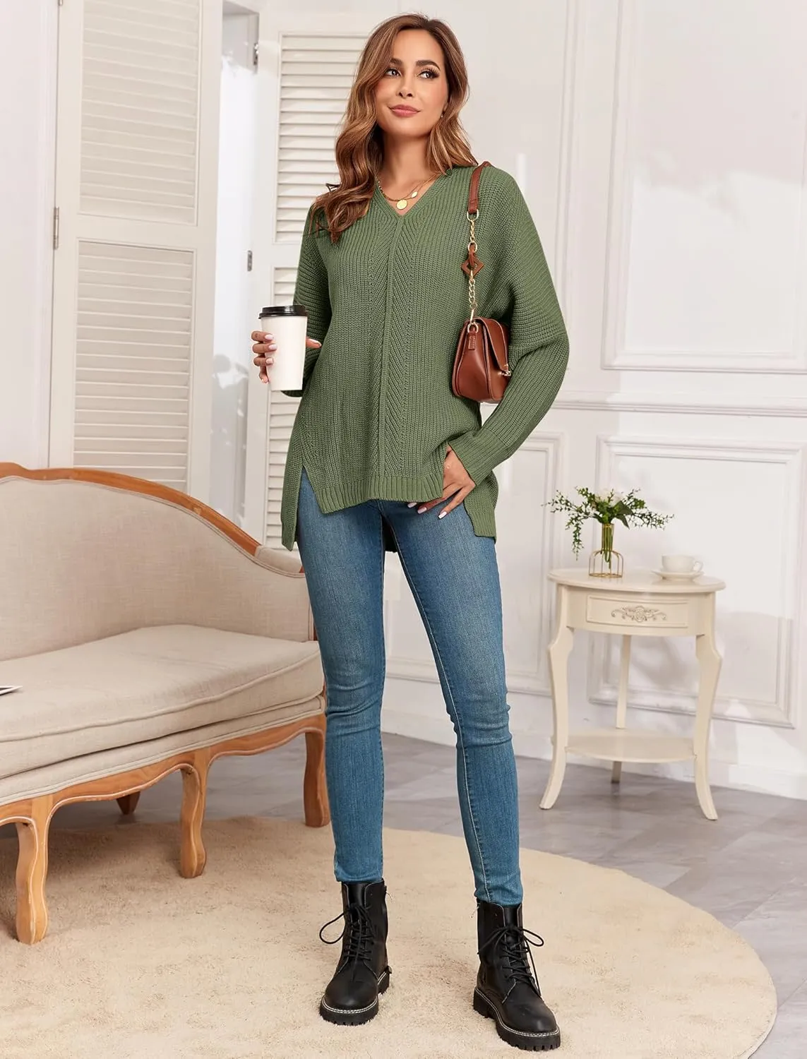 ZAFUL Women's Oversized Sweaters V Neck Long Sleeve Knit Pullover Batwing Drop Shoulder Split Tops Trendy Fall Outfits 2024