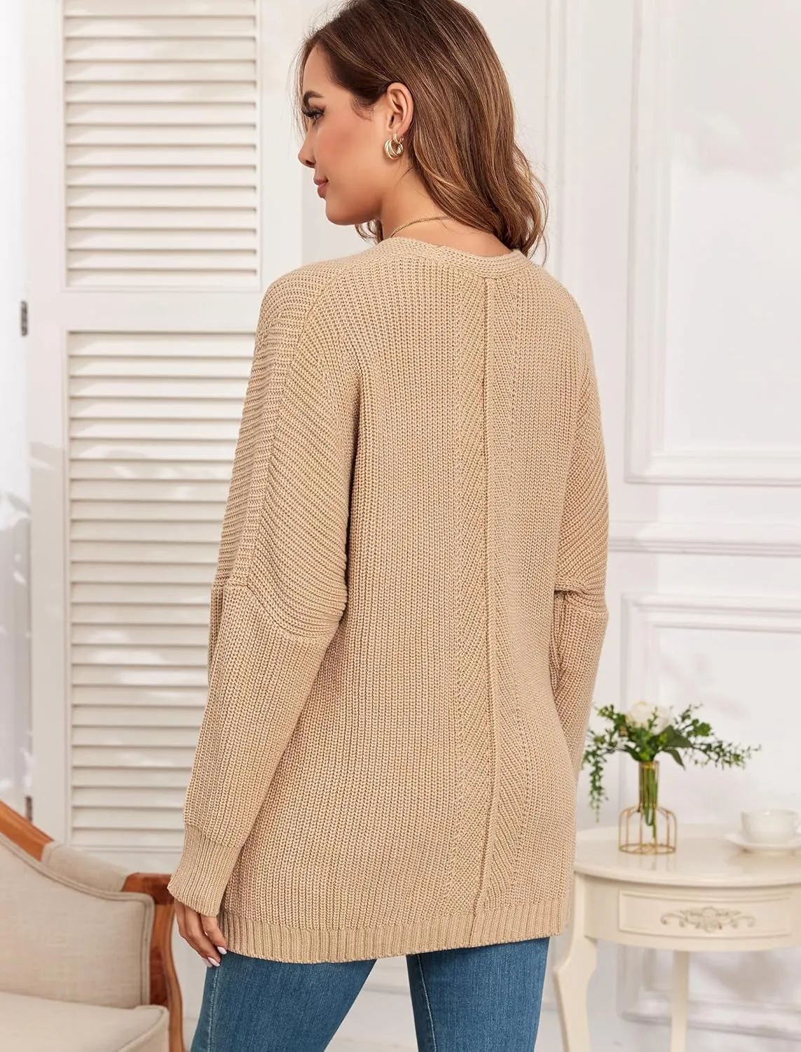 ZAFUL Women's Oversized Sweaters V Neck Long Sleeve Knit Pullover Batwing Drop Shoulder Split Tops Trendy Fall Outfits 2024