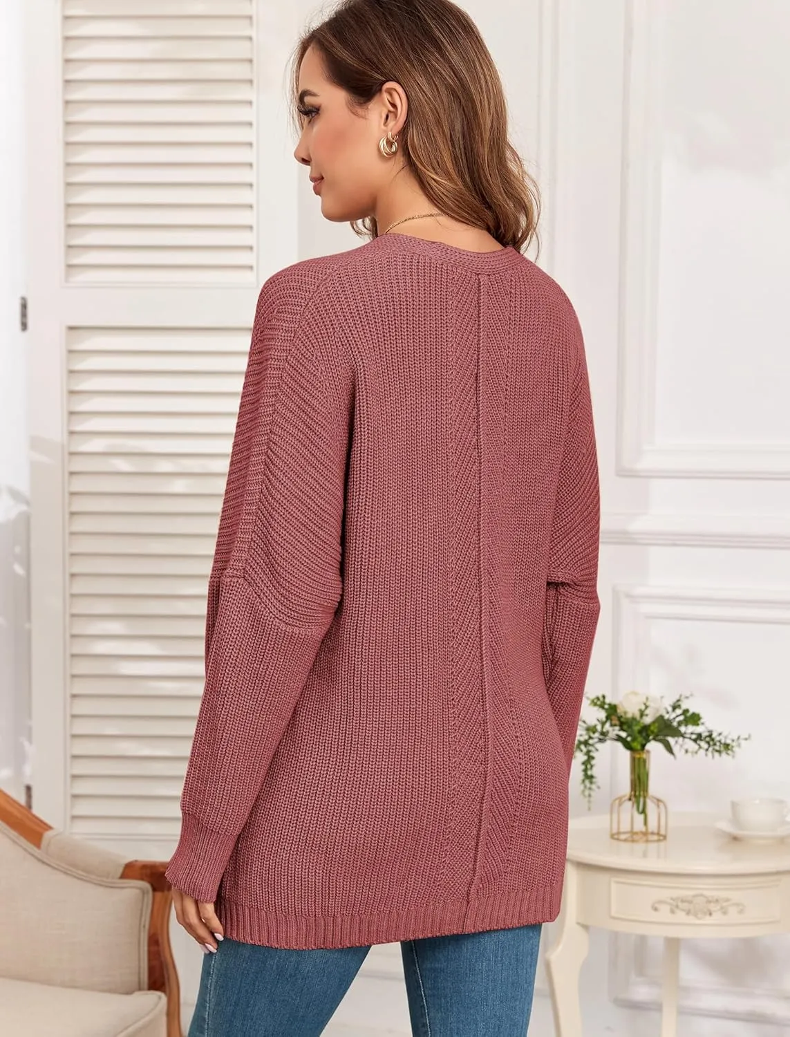 ZAFUL Women's Oversized Sweaters V Neck Long Sleeve Knit Pullover Batwing Drop Shoulder Split Tops Trendy Fall Outfits 2024
