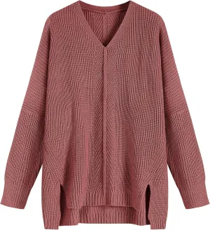 ZAFUL Women's Oversized Sweaters V Neck Long Sleeve Knit Pullover Batwing Drop Shoulder Split Tops Trendy Fall Outfits 2024