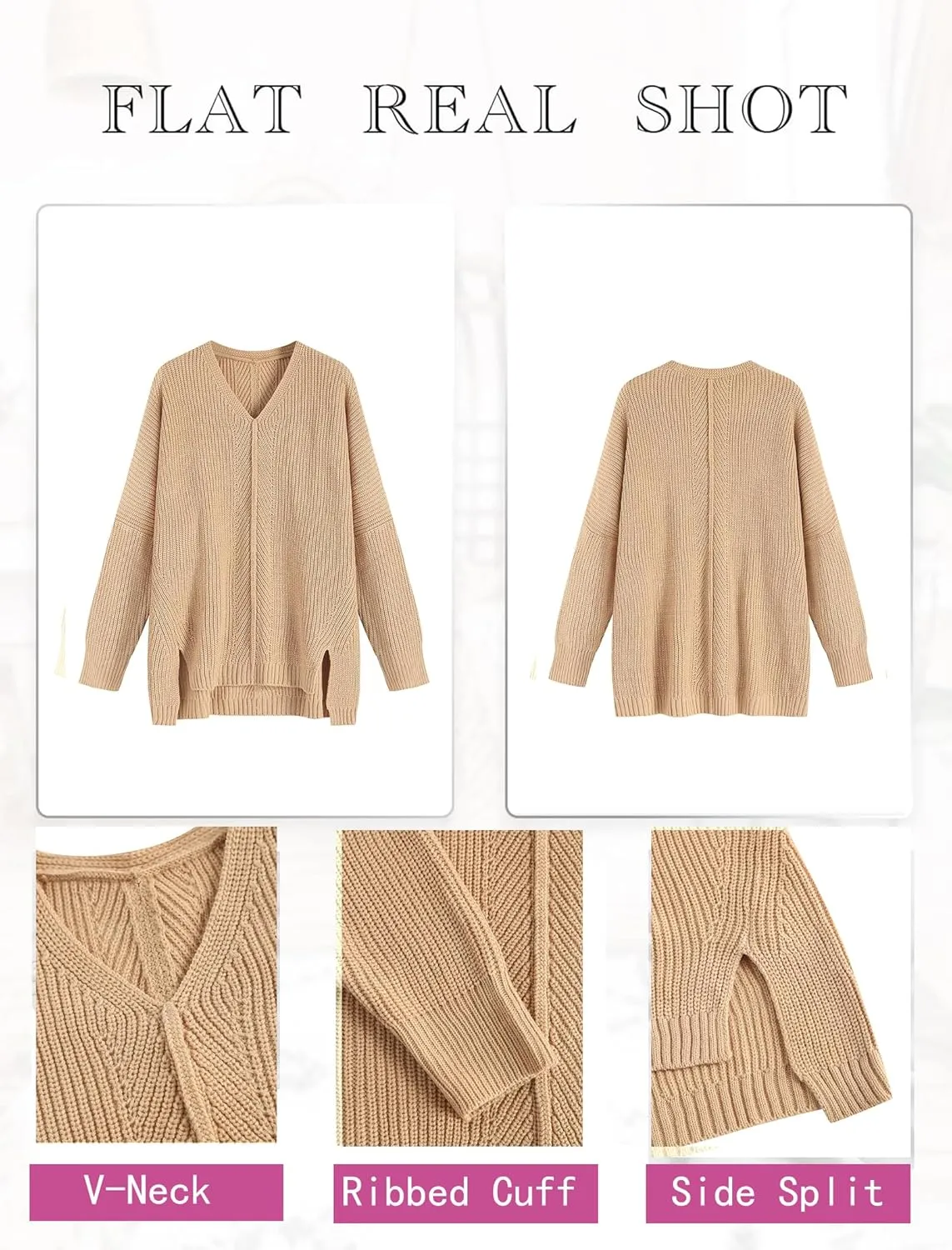 ZAFUL Women's Oversized Sweaters V Neck Long Sleeve Knit Pullover Batwing Drop Shoulder Split Tops Trendy Fall Outfits 2024
