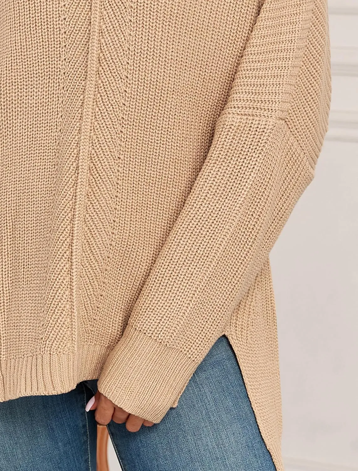 ZAFUL Women's Oversized Sweaters V Neck Long Sleeve Knit Pullover Batwing Drop Shoulder Split Tops Trendy Fall Outfits 2024