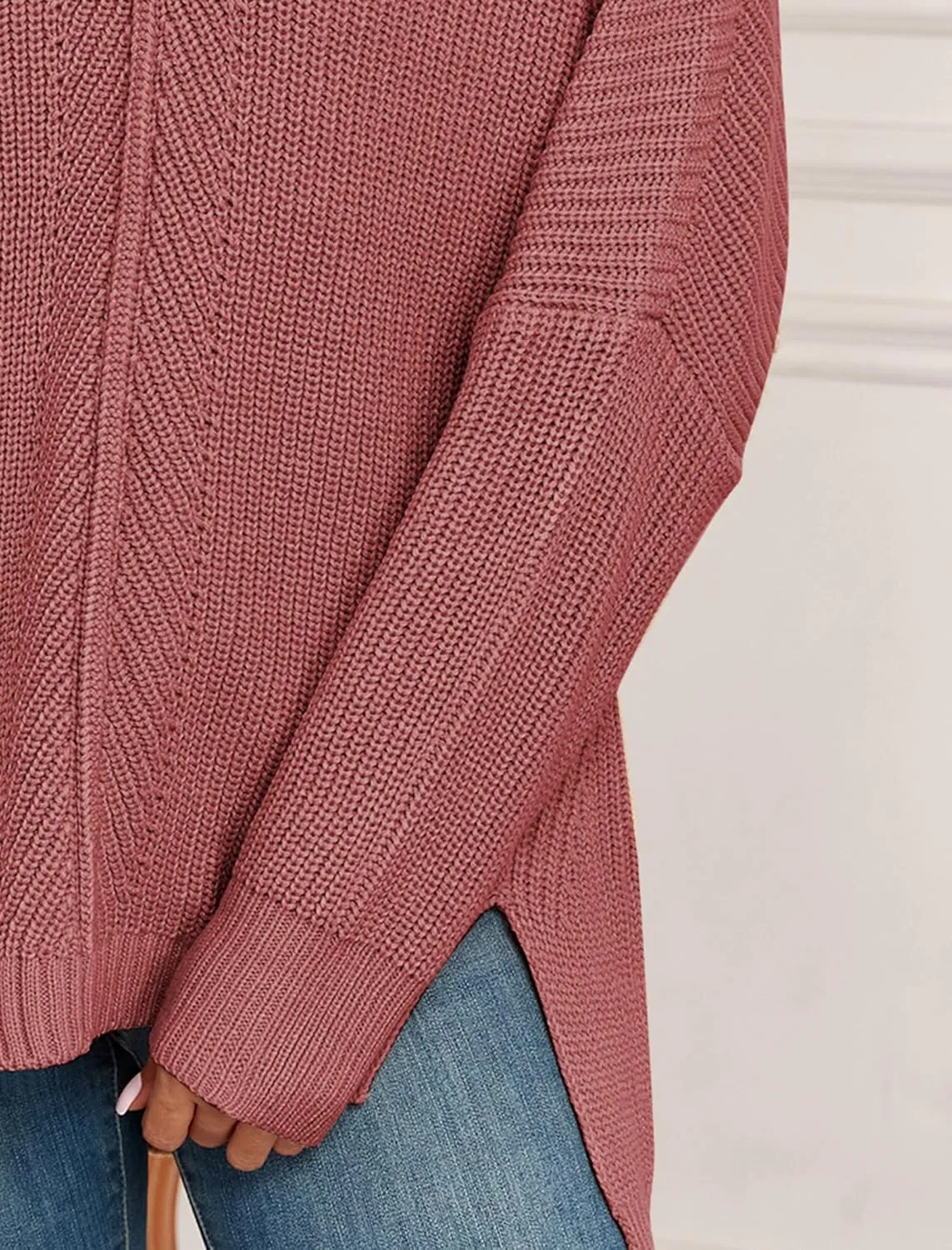 ZAFUL Women's Oversized Sweaters V Neck Long Sleeve Knit Pullover Batwing Drop Shoulder Split Tops Trendy Fall Outfits 2024