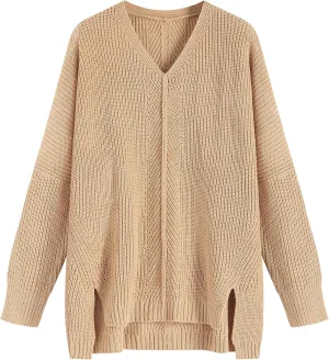 ZAFUL Women's Oversized Sweaters V Neck Long Sleeve Knit Pullover Batwing Drop Shoulder Split Tops Trendy Fall Outfits 2024