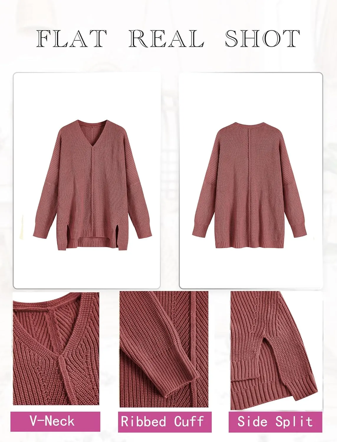 ZAFUL Women's Oversized Sweaters V Neck Long Sleeve Knit Pullover Batwing Drop Shoulder Split Tops Trendy Fall Outfits 2024