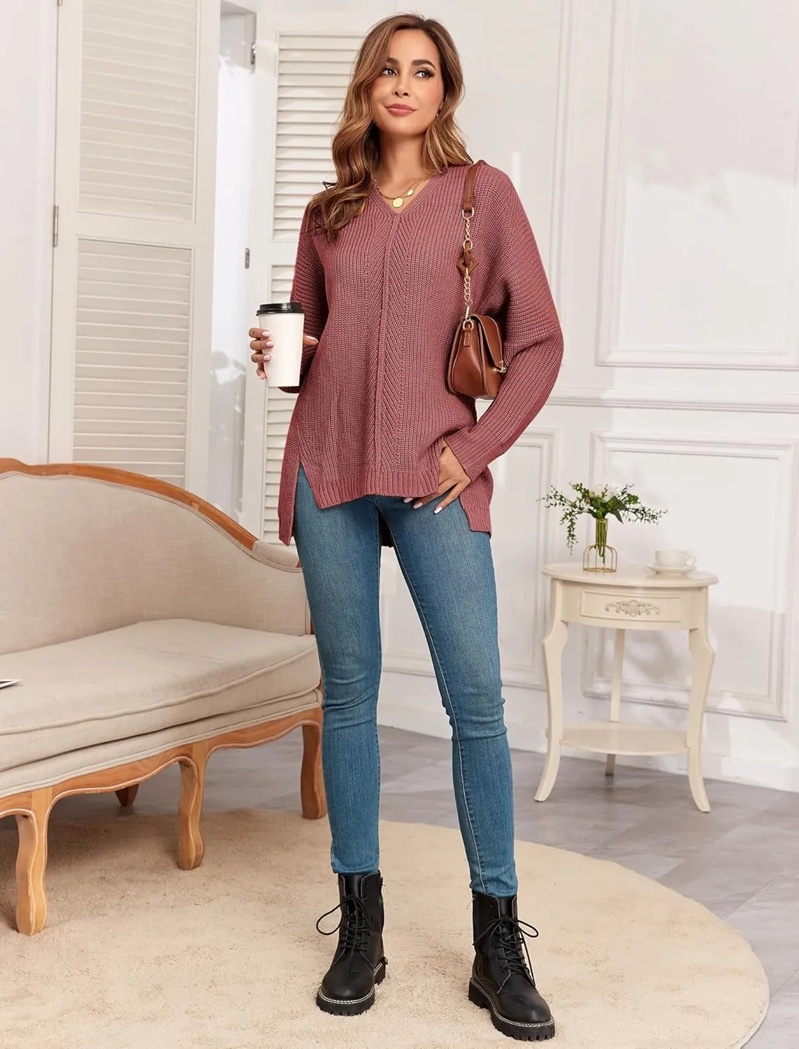 ZAFUL Women's Oversized Sweaters V Neck Long Sleeve Knit Pullover Batwing Drop Shoulder Split Tops Trendy Fall Outfits 2024