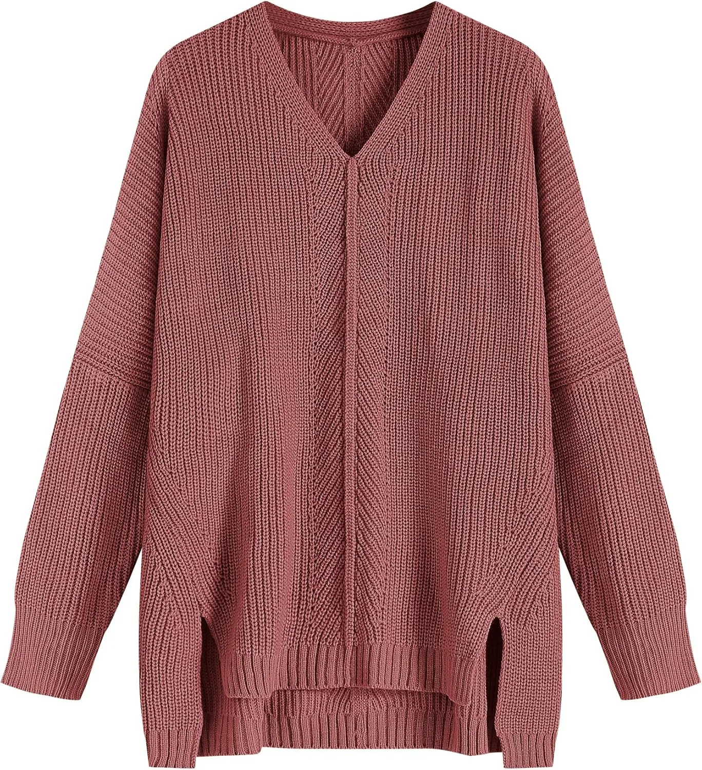 ZAFUL Women's Oversized Sweaters V Neck Long Sleeve Knit Pullover Batwing Drop Shoulder Split Tops Trendy Fall Outfits 2024