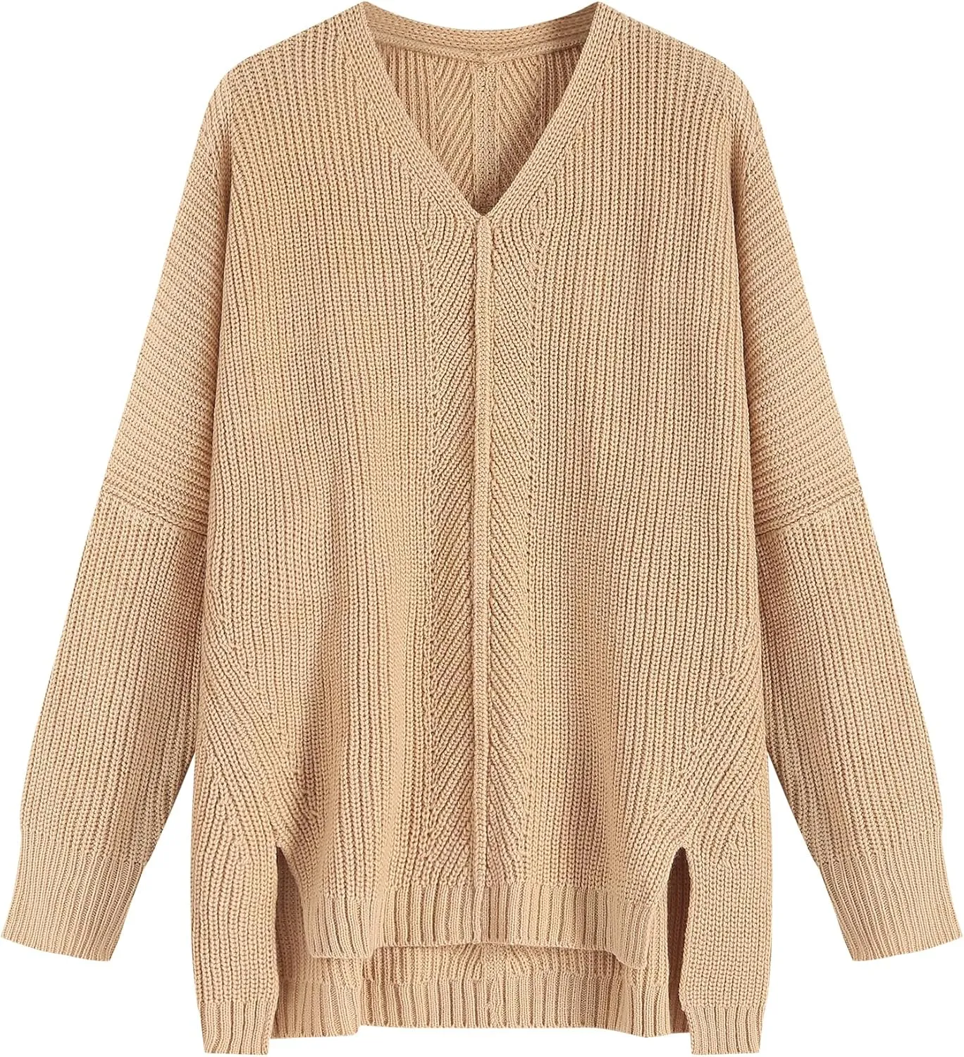 ZAFUL Women's Oversized Sweaters V Neck Long Sleeve Knit Pullover Batwing Drop Shoulder Split Tops Trendy Fall Outfits 2024