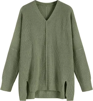 ZAFUL Women's Oversized Sweaters V Neck Long Sleeve Knit Pullover Batwing Drop Shoulder Split Tops Trendy Fall Outfits 2024